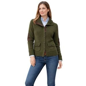 Lauren Ralph Lauren Olive Cardigan Sweater Elbow Patches Equestrian Preppy Large